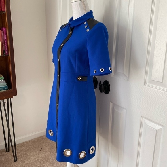 Karen Millen- NWT Blue Stretch Mini Dress w Silver Ring Cutout and Leather Trim - Picture 11 of 13